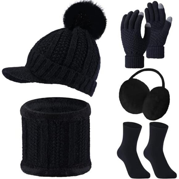 5 Pieces Women Winter Warm Set Knit Beanie Hat Scarf Touchscreen Gloves - Picture 7 of 7